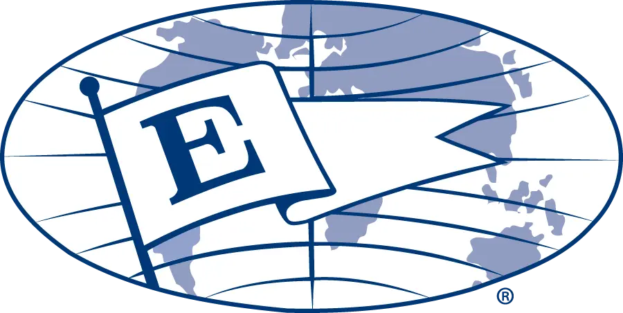 President’s “E” award logo with blue lines and white background