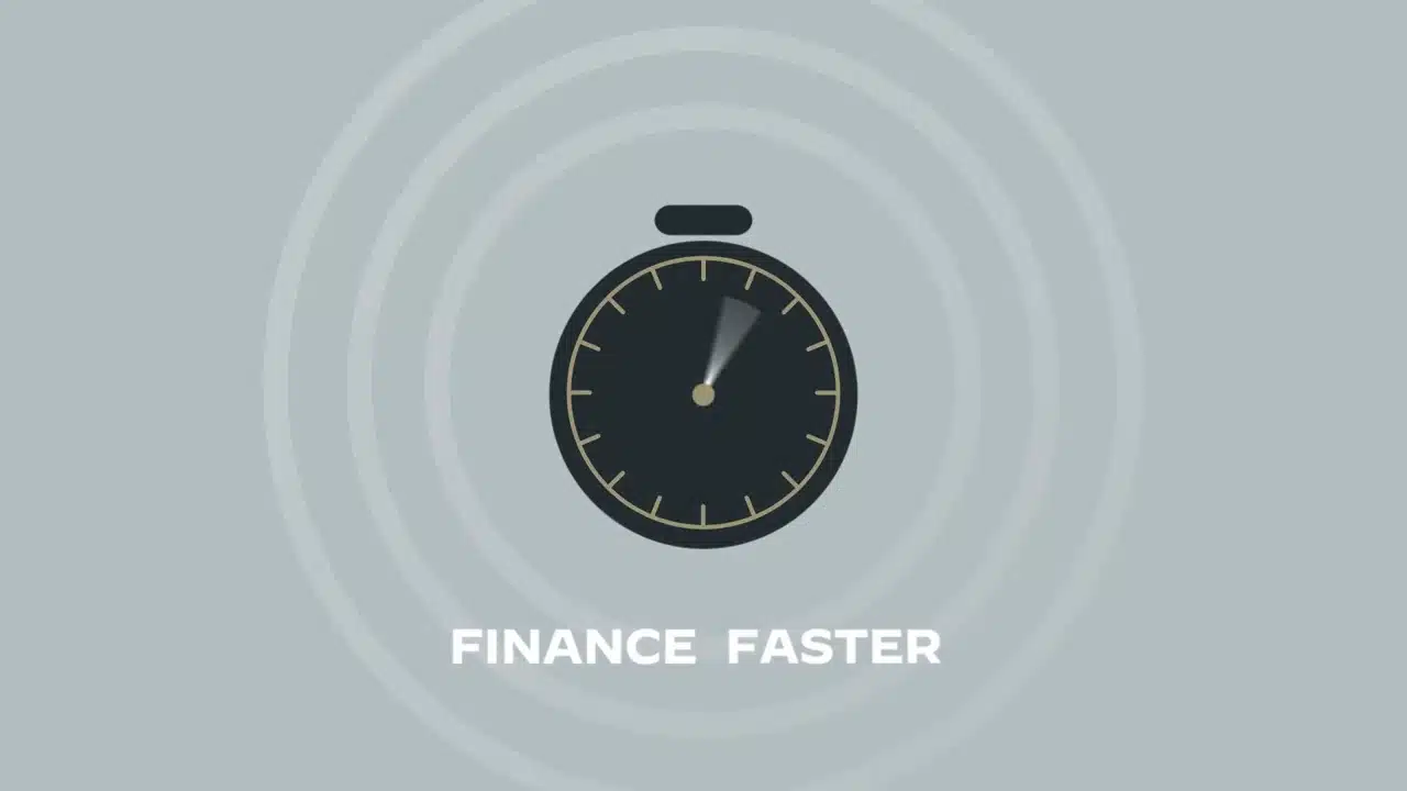 Stopwatch icon with "FINANCE FASTER" text on gradient background