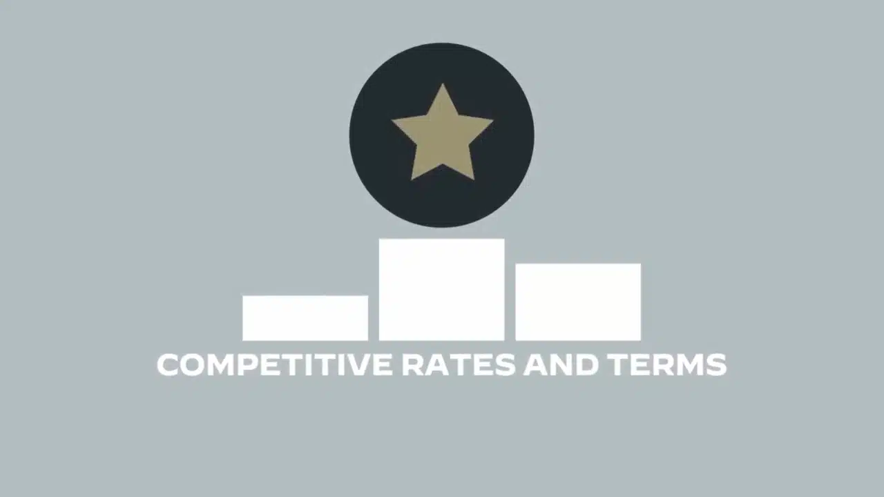 simple graphic design with a black circle containing a gold star, and the text "COMPETITIVE RATES AND TERMS" displayed below.